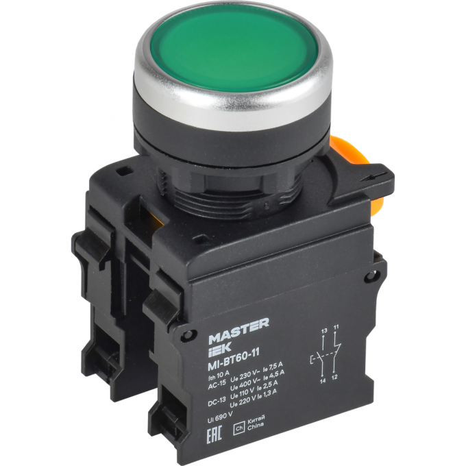 Кнопка IEK MASTER MI-BT60-11-3-22-K06 d=22мм 1NO+1NC зелёная MI-BT60-11-3-22-K006