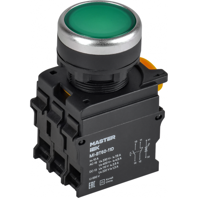 Кнопка с подсветкой IEK MASTER MI-BT60-11D-3-12-K06 d=22мм 1NO+1NC зелёная MI-BT60-11D-3-12-K006