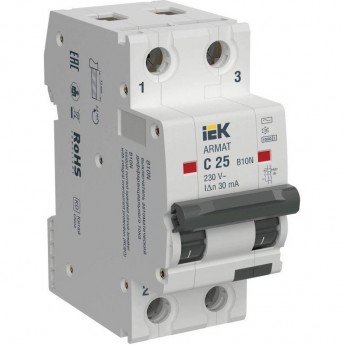 Выключатель автоматический дифференциального тока IEK ARMAT AR-B10N-2-C025C030 B10N 2P C25 30мА тип AC Выключатель автоматический дифференциального тока IEK ARMAT AR-B10N-2-C025C030 B10N 2P C25 30мА тип AC